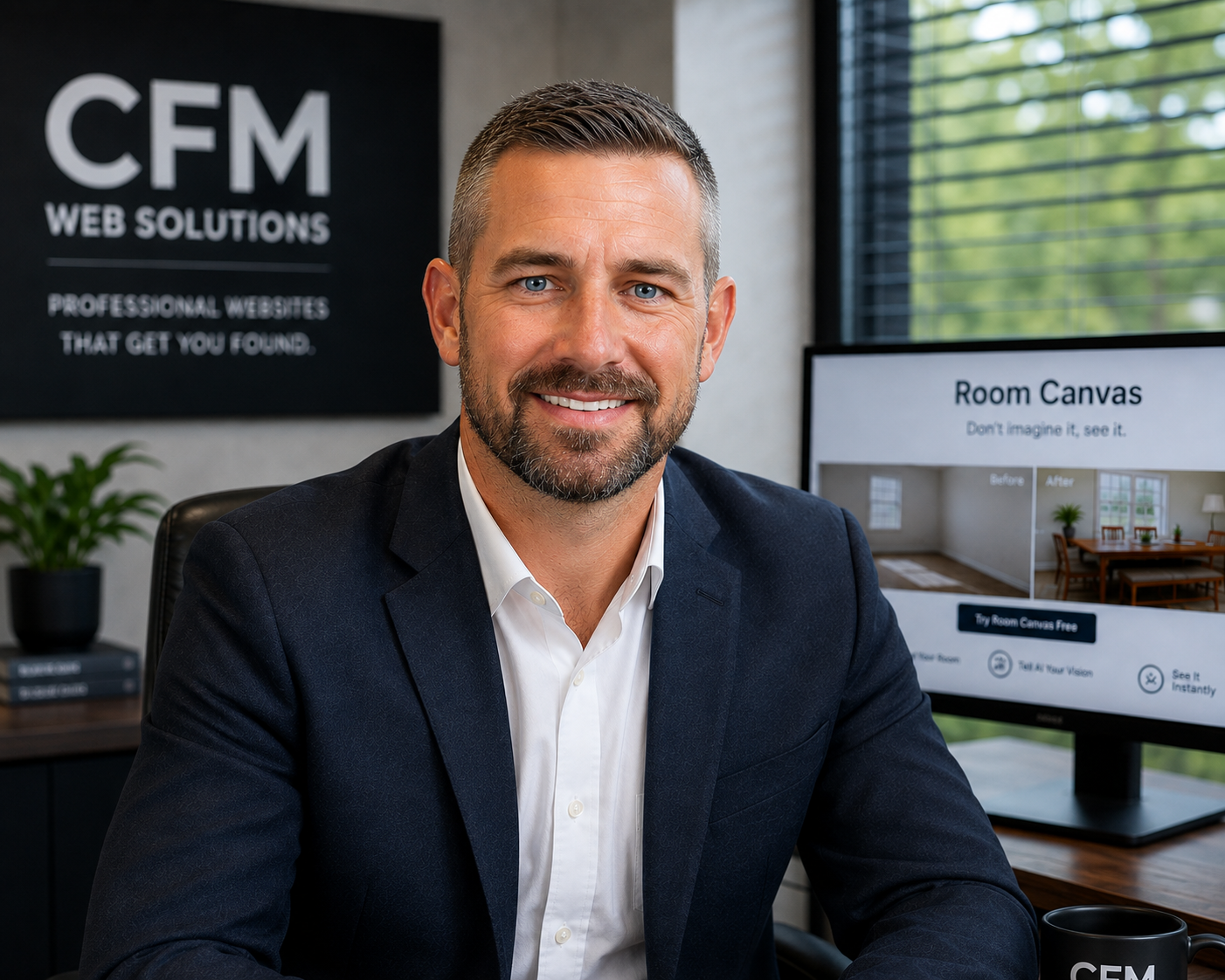 Michael Bevis, owner of CFM Web Solutions, at his desk in Milledgeville, Georgia